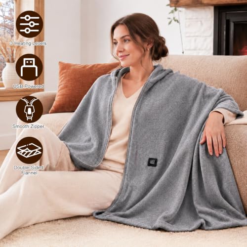 Grey USB Heated Shawl Wrap - Portable Wearable Blanket for Women, 71x24 Inches