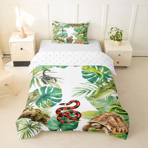 Jungle Reptile Themed Duvet Cover Set for Teens & Kids Twin Size - Fresh Green, No Comforter