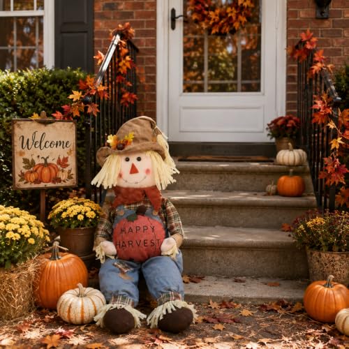 56-Inch Fall Harvest Sitting Scarecrow Decor for Autumn and Thanksgiving
