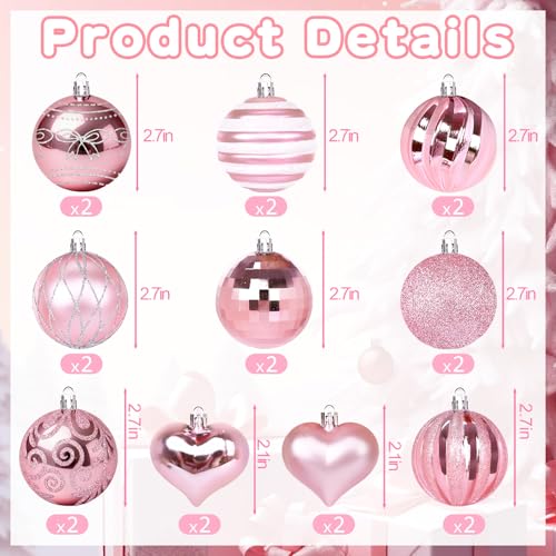 Pink Christmas Tree Ornaments Set with Glittering Balls and Bows - 20 Pieces