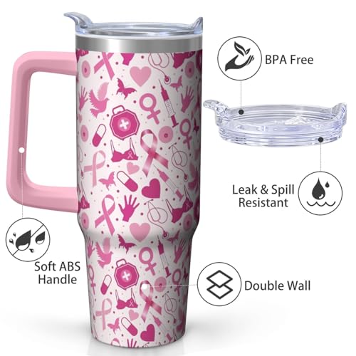 Cancer2 30oz Breast Cancer Awareness Stainless Steel Tumbler with Handle & Straw - Pink Ribbon Mug for Women & Survivors
