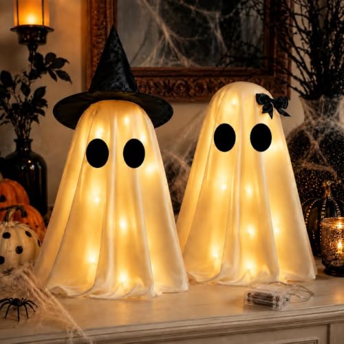 Halloween Light Up Ghosts Decoration Set - Indoor Spooky Tabletop Decor with String Lights