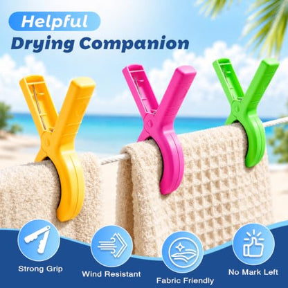 12 Pack Heavy Duty Beach Towel Clips with 4 Colors for Chairs & Pool Loungers