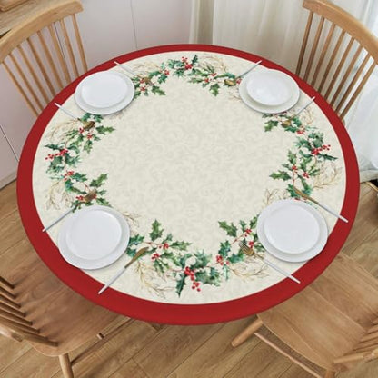 Christmas Round Tablecloth with Elastic Edge - 50 Inch Green Leaf Red Tan