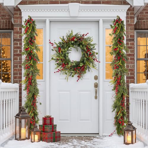 Christmas Wreaths - 24 Inch Artificial Holiday Front Door Decor with Eucalyptus & Berries - Handmade, Reusable, Outdoor Wall Farmhouse Xmas Decoration