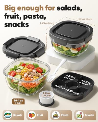 Black Glass Salad Container 56oz with Airtight Lid and Toppings Tray