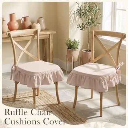 Farmhouse Beige Ruffled Chair Cushion Covers 17.5 x 17.5 Inches - Set of 2