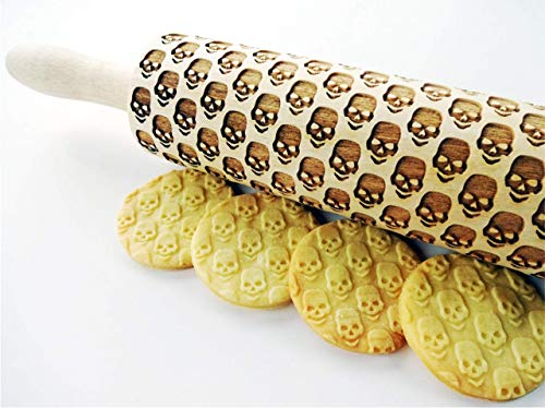 SKULL Rolling Pin. Embossing rolling pin with SKULL PATTERN Embossed skull cookies for HALLOWEEN. Wooden Laser Cut Rolling Pin for Halloween cookies, play dough, salt dough by Algis Crafts