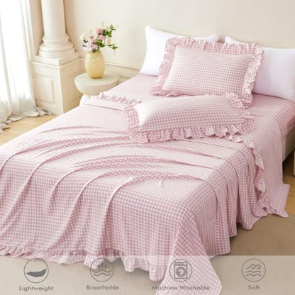 Pink Gingham Ruffle Sheet Set for Girls, Full Size - 4 Pieces Variation of Pink Gingham / Full