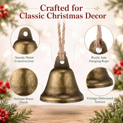 Vintage Christmas Jingle Bell Ornaments with Jute Rope - Set of 12