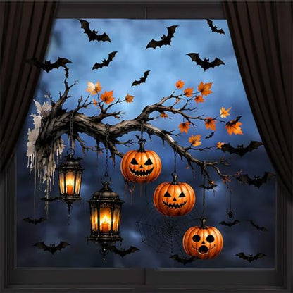 Halloween Window Clings Spooky Pumpkin Lantern Bat Tree Design - Style25