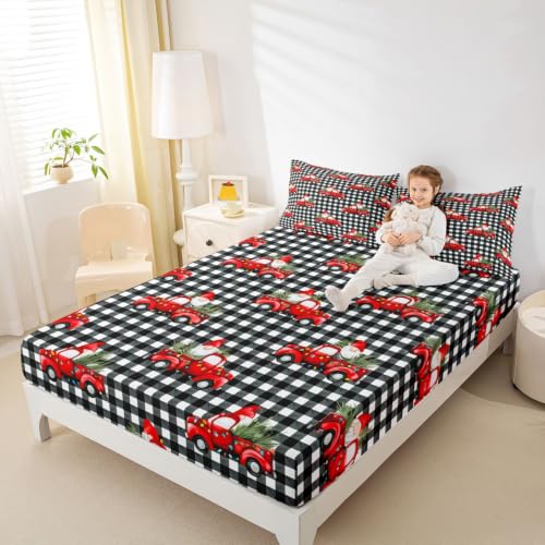 Manfei Buffalo Plaid Gnome Queen Fitted Sheet Set - Christmas Bedding, 16-Inch Deep Pockets