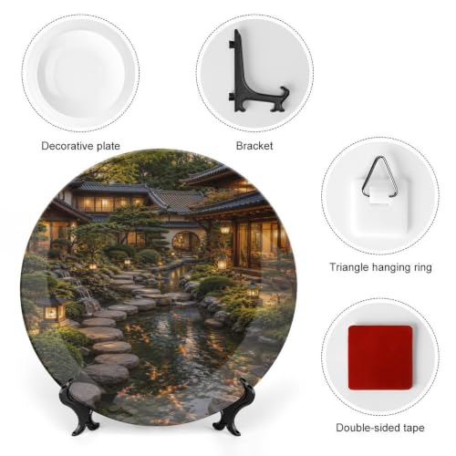 Night Japanese Garden Koi Pond Bone China Decorative Plate with Stand & Wall Hook - 8 Inch