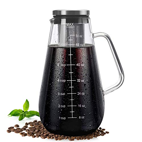 Cold Brew Coffee Maker Iced Tea Pitcher Infuser with Airtight Lid and Thick High Borosilicate Glass Carafe, 51oz/1.5L