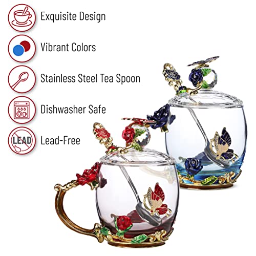 Glass Tea Cups Set with Lids and Spoons - 11 oz, Handmade, Gift Box