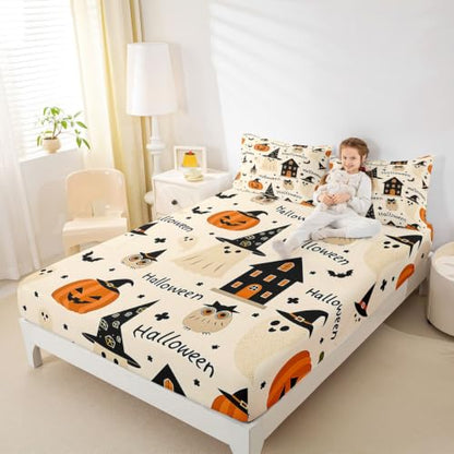 Halloween Bed Sheet Set King Size Ghost Bats Owl Pumpkin Deep Pocket Microfiber Ivory & Pumpkin Orange