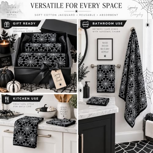 Halloween Cotton Towels Set of 3 with Spider Web Design - Black & White Decor