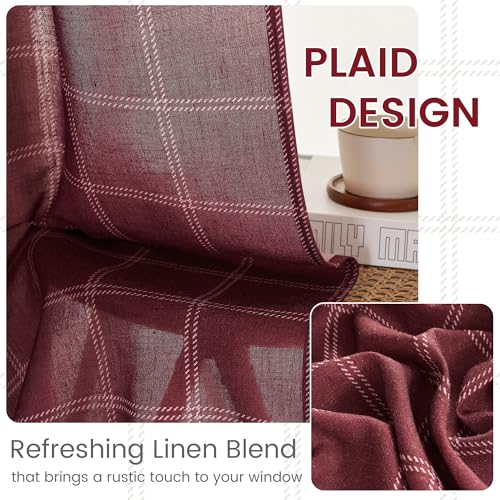NICETOWN Buffalo Plaid Light Filtering Window Curtains - 52W x 108L Burgundy Red, Pack of 2, Diagonal Check