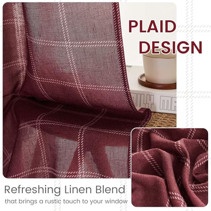 NICETOWN Buffalo Plaid Light Filtering Window Curtains - 52W x 108L Burgundy Red, Pack of 2, Diagonal Check