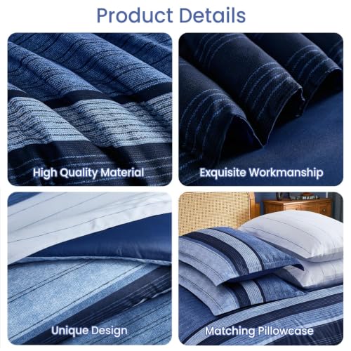Navy Blue Queen Comforter Set 7 Pieces Striped Bed in a Bag - Soft Microfiber