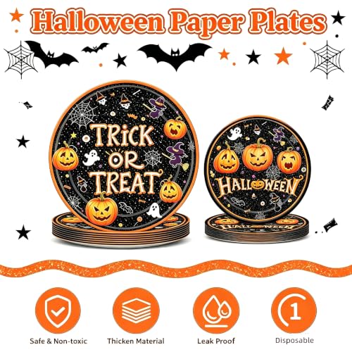 Halloween Trick or Treat Paper Plates Set - 50 Pcs Party Dinnerware with Pumpkin & Ghost Designs