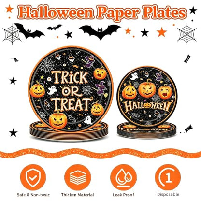 Halloween Trick or Treat Paper Plates Set - 50 Pcs Party Dinnerware with Pumpkin & Ghost Designs