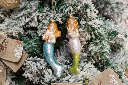 Blown Glass Mermaid Christmas Ornaments - Set of 2 Holiday Tree Decorations