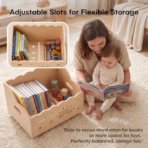 Natural Montessori Toddler Bookshelf with Rainbow & Cloud Cutouts - Wooden Childrens Storage