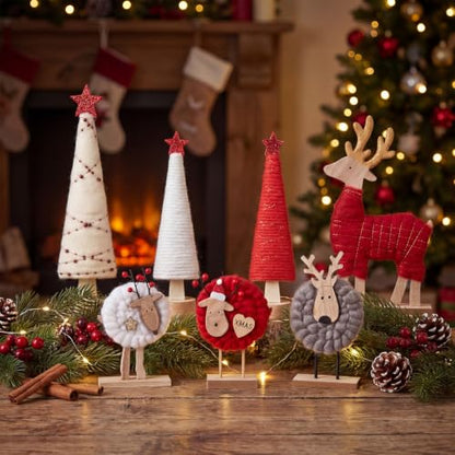 Christmas Felt Reindeer and Tree Figurine Set - Holiday Decorations