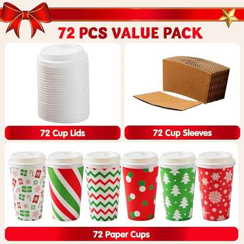 JOYIN 72 PCS Christmas Disposable Party Paper Cups, 16 oz Merry Christmas Coffee Cups With Sleeves and Lids, 6 Designs Xmas Tea Drinkware, Beverages Tableware Holiday Supplies Favors