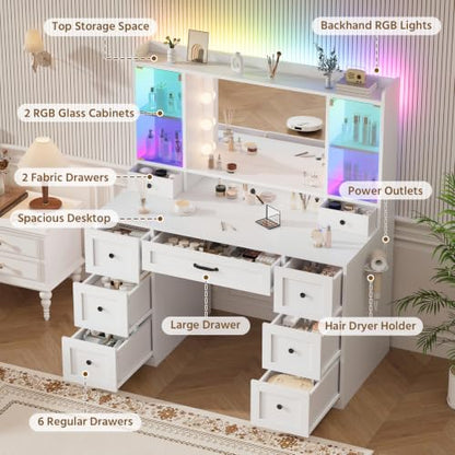 Makeup Vanity Desk with Mirror and RGB Lighting, 9 Drawers & Cabinets