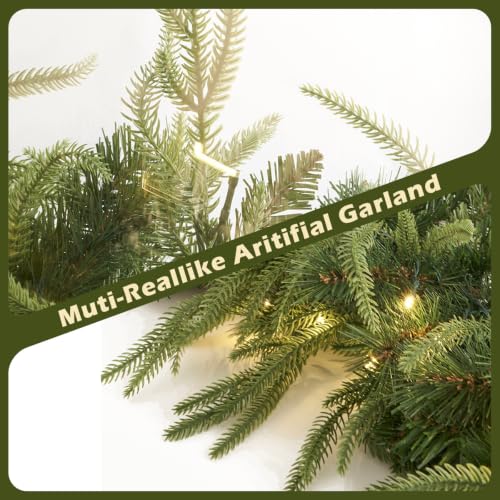 HiBean 9 FT Prelit Christmas Garland - Class Green with Warm Lights & Timer