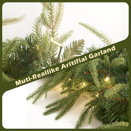 HiBean 9 FT Prelit Christmas Garland - Class Green with Warm Lights & Timer