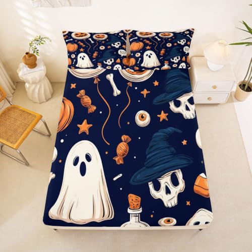 Kids Full Size Bat Ghost Halloween Bed Sheet Set Navy Blue Deep Pockets with Pillowcases