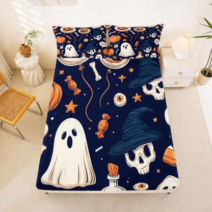 Kids Full Size Bat Ghost Halloween Bed Sheet Set Navy Blue Deep Pockets with Pillowcases
