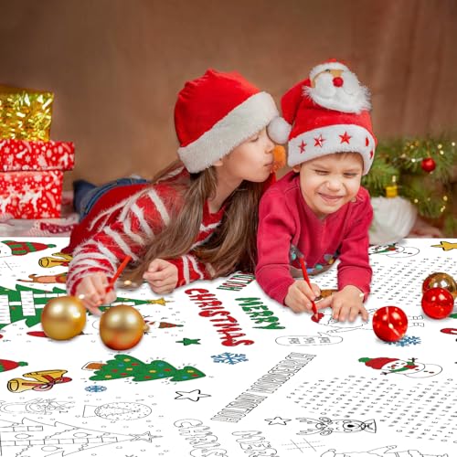 2 Pack Christmas Coloring Tablecloths - Kids Holiday Party Supplies - Santa Snowman Design, 54 x 108 inches - Variation 2