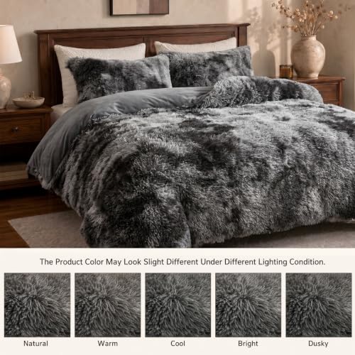 Tie-Dye Dark Grey Fluffy Queen Comforter Set - Luxurious Plush Bedding with Pillowcases