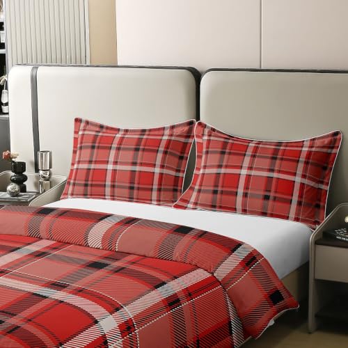Gingham Black Red Full Size Bedding Set 3Pcs Cotton Duvet Cover & Pillowcases