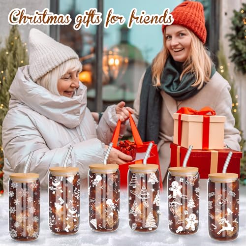 Christmas Glass Cups Set 16 oz with Lids, Straws & Brush - White Style