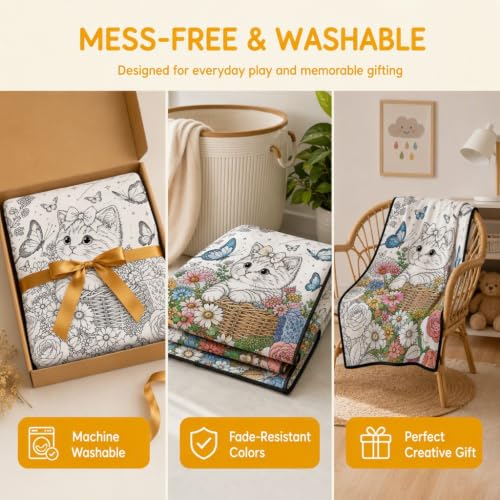 DIY Coloring Blanket Kit with 24 Markers - Kids Hand-Drawn Doodle Throw Blanket - Soft Cozy Reusable Washable Craft Gift - Variation #A