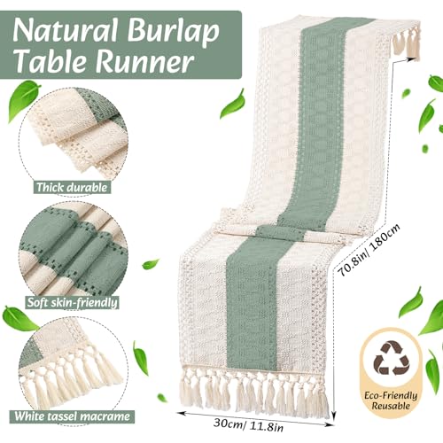 Boho Green Table Runner and Placemats Set of 4 - Sage Green, 12x72