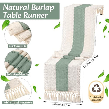 Boho Green Table Runner and Placemats Set of 4 - Sage Green, 12x72