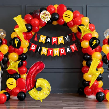 Lightning Theme 40 Inch Digit Foil Balloon Set - Red Yellow Black Party Decorations with Star & Lightning Balloons, Indoor Outdoor Celebration Supplies (Variation 6)