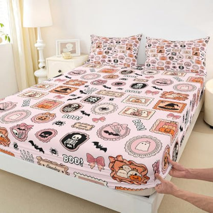 Manfei Halloween Kids Fitted Sheet Set Twin Pink Orange with Ghost Pumpkin - Deep Pocket Bedding