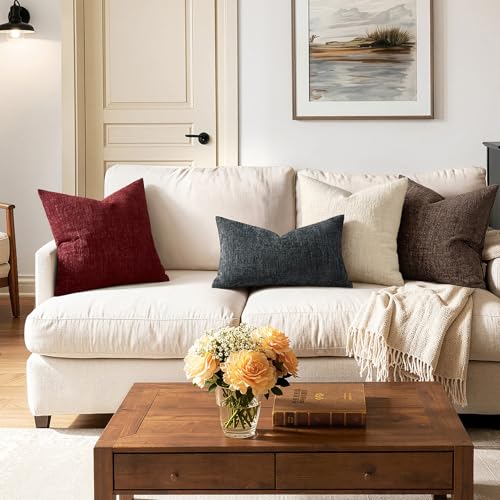 MIULEE Burgundy Textured Chenille Couch Pillow Covers 18x18 Pack of 2