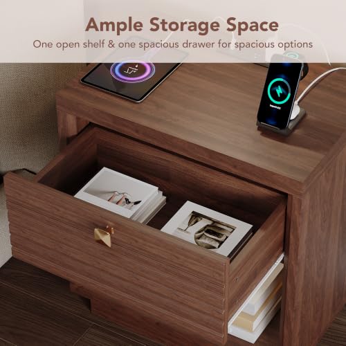 Fluted Nightstands Set of 2 with Charging Station & Drawer, Walnut – 23" Wide Bedside Tables