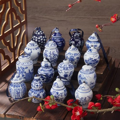 Christmas Chinoiserie Mini Ginger Jar Ornaments - 16 Pieces, Exquisite Style