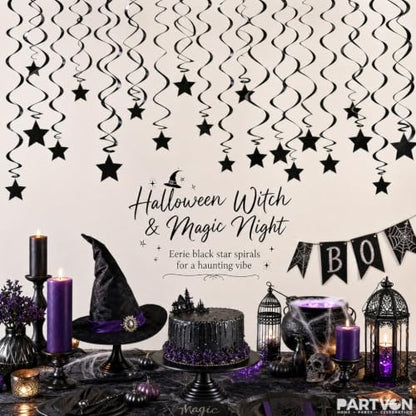 Black Party Streamers Pack - Swirls & Star Toppers for Halloween & Birthday Decorations