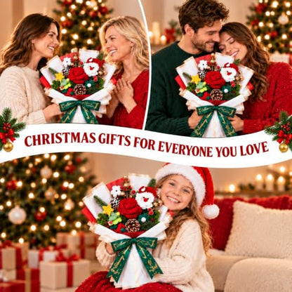 Christmas Crochet Flower Bouquet with Santa Decoration - Handmade Holiday Decor