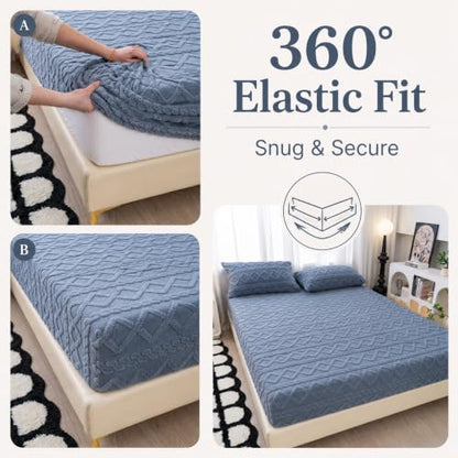 Blue Full Velvet Fitted Sheet & 2 Pillowcases Deep Pocket Up to 15 Inches - Carlmaya
